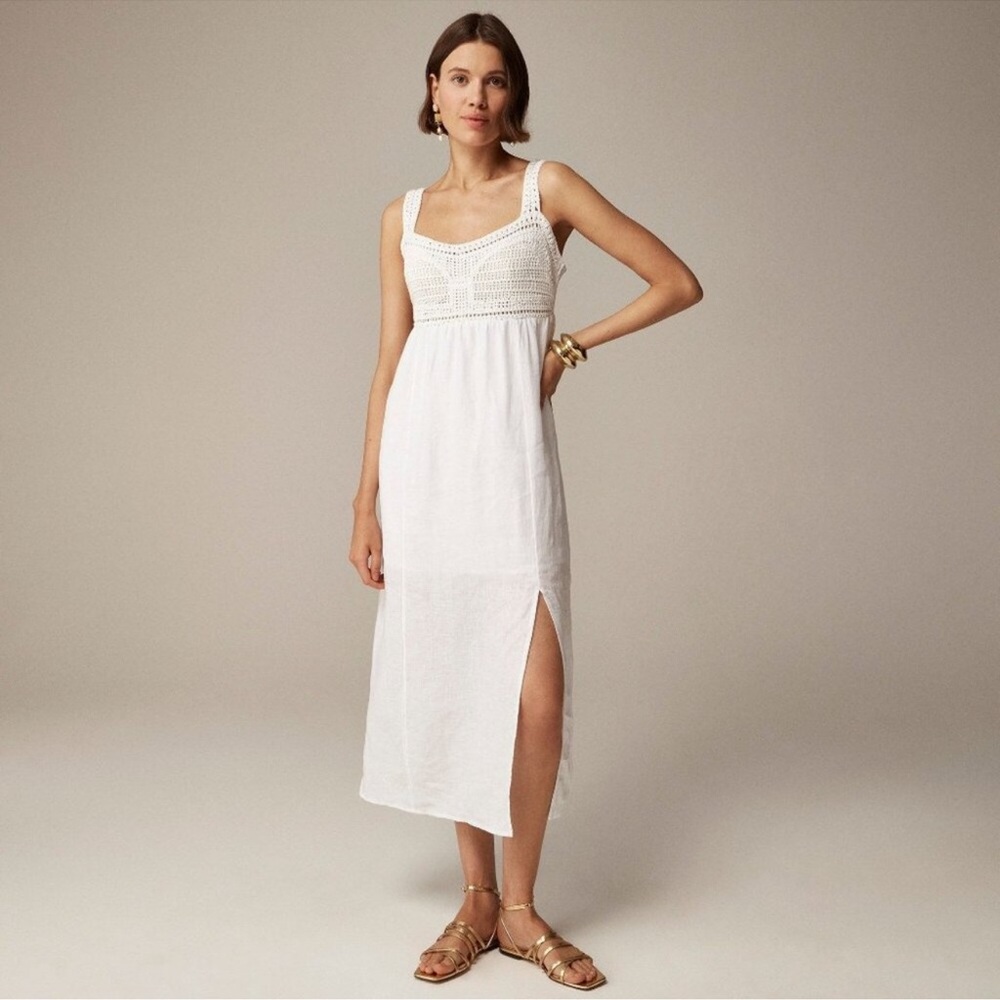 New J.Crew Crochet-Top Midi Dress 100%Linen  Women 2X White